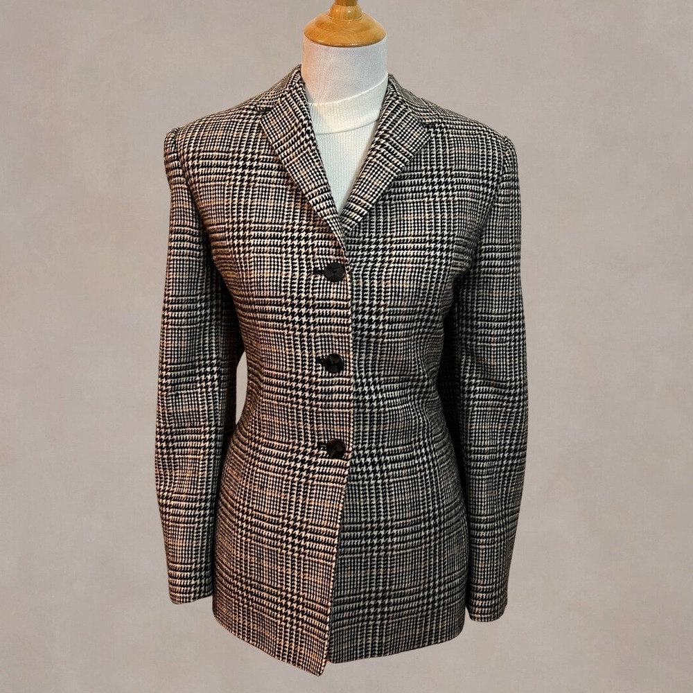 Vintage 1990s Kasper Wool Glen Plaid Blazer 18 Longline Tailored Houndstooth